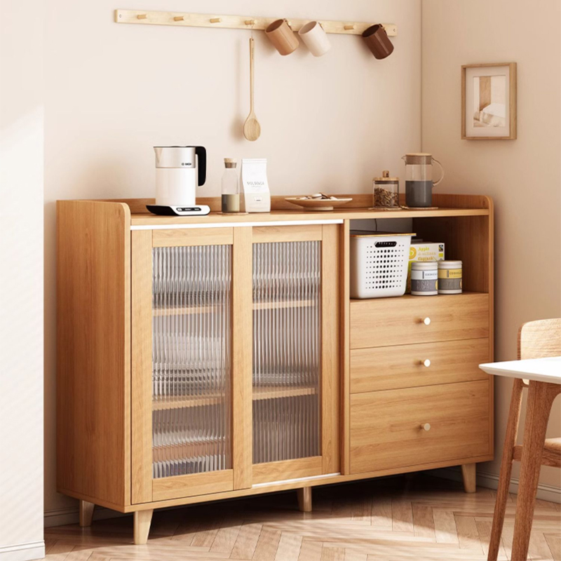 3 Drawers Engineered Wood Narrow Buffet Table with Compartment, 1 Shelf, Cupboard, and Sliding Doors