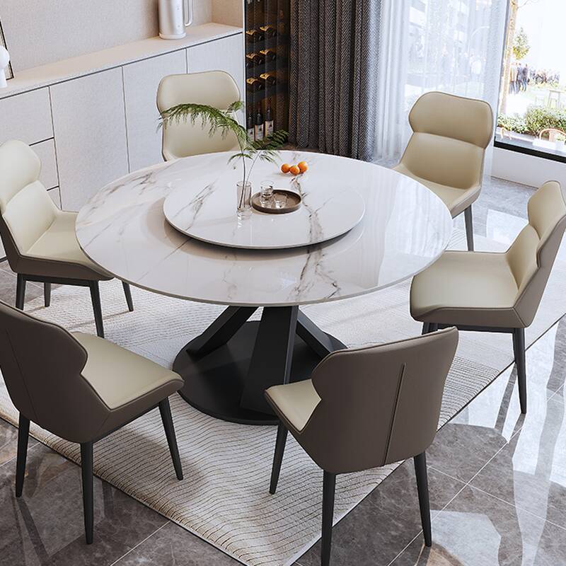 Retro Circular-shaped Slate Stone Dining Table Set with White Top, Stump Base, Fixed Mechanism for 6 People