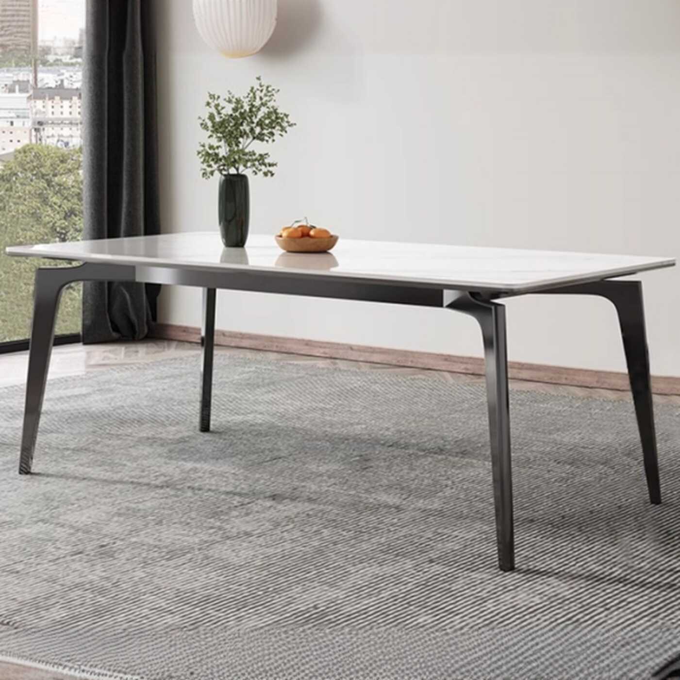 White Slate Stone Rectangle Dining Table Set with Solid Back Panel and Upholstered Chair for 6 People/4 Chairs