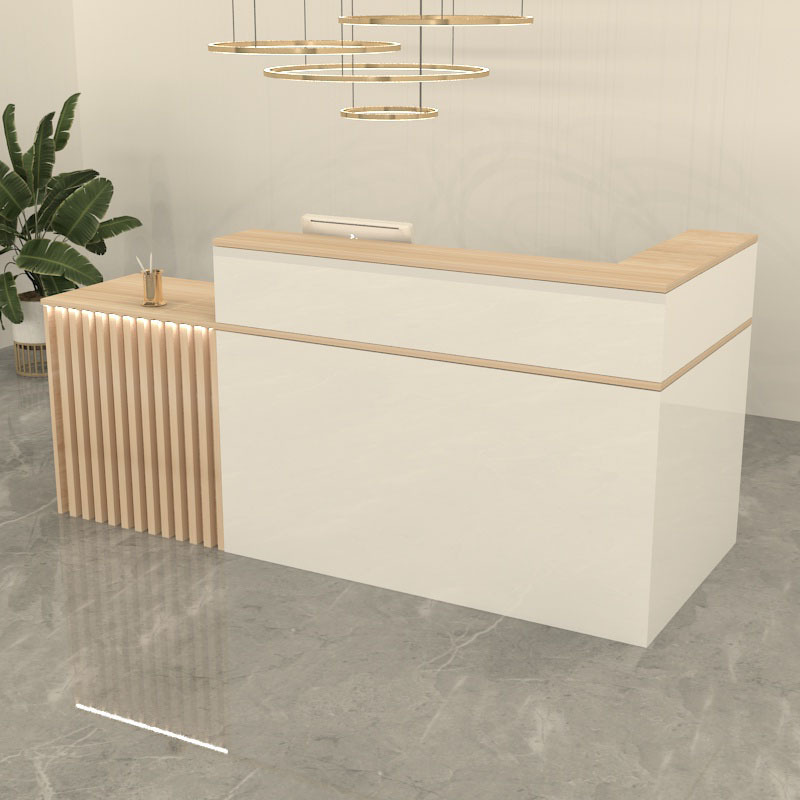 L-Shape Orange/Natural/Butter Colour Reception Desk with Hutch, Locker, Locking Drawer and Desk Return, Keyboard Tray & Filing Cabinet Included
