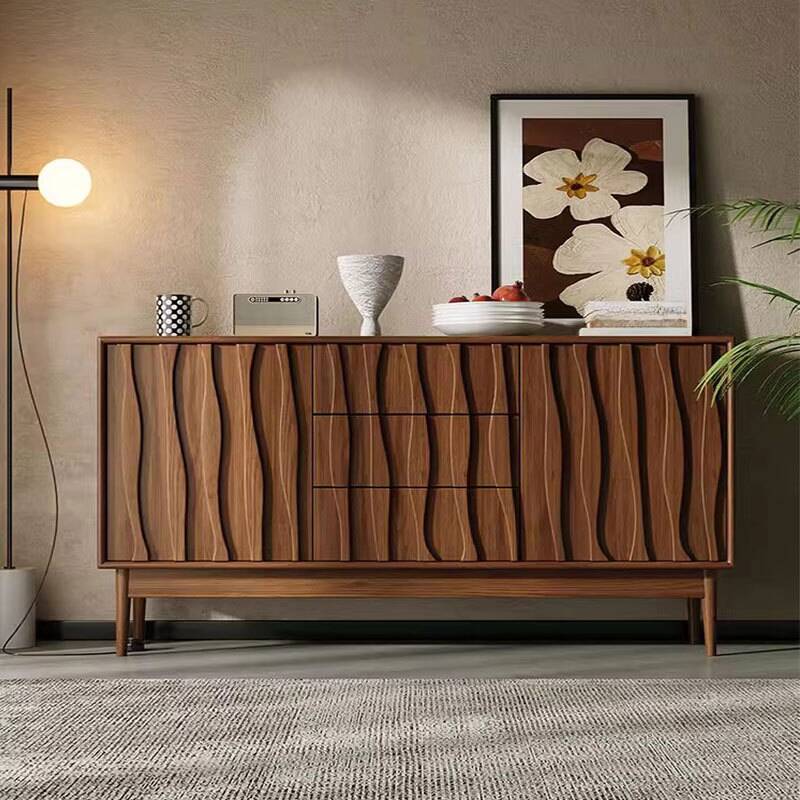 Cocoa Modern Buffet Table with 3 Drawers, Standard Size, 1 Shelf, Walnut Wood Countertop, and 2 Doors