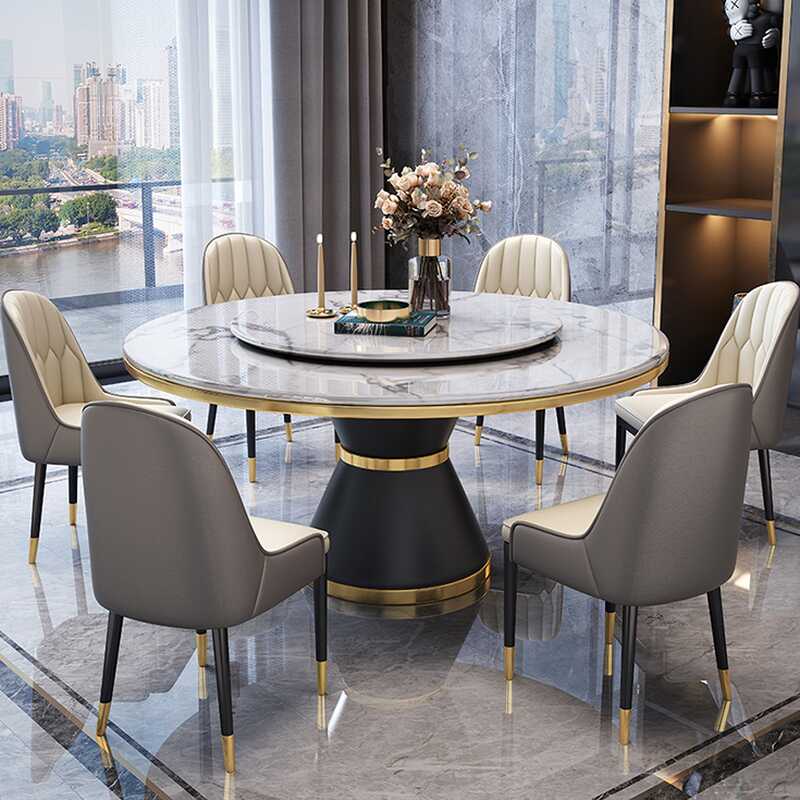 Elegant Circular-shaped Dining Table Set with Genuine Marble Top, Stump Base, Solid Back Panel Chairs, and Upholstered Seating for 6