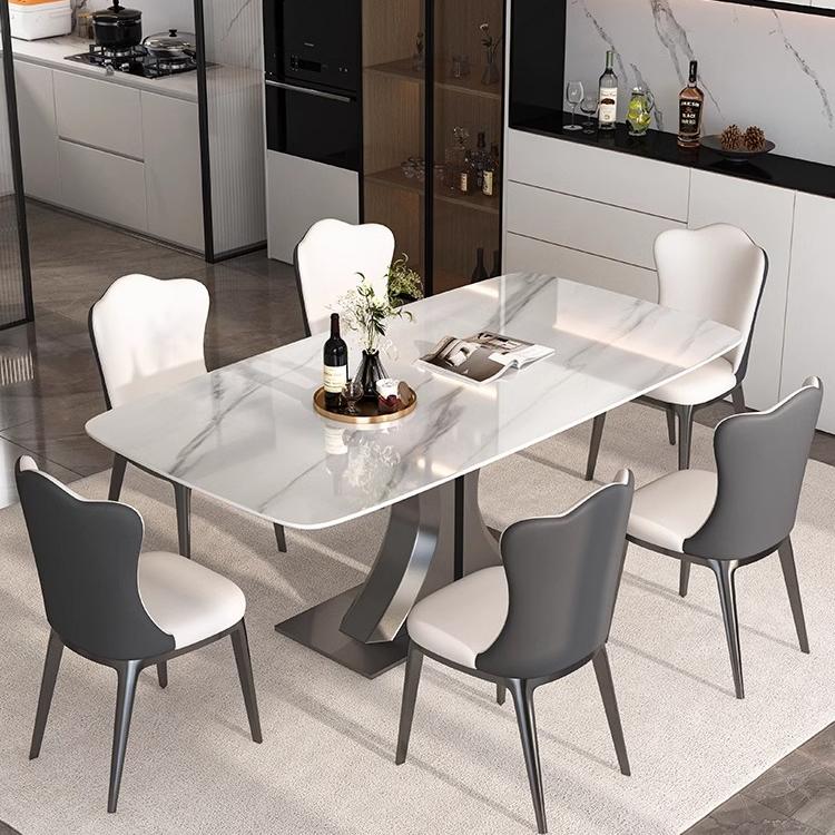 Marble Stone Dining Table Set for 6 with Pedestal Base, Upholstered Back, Padded Chairs in Chalk