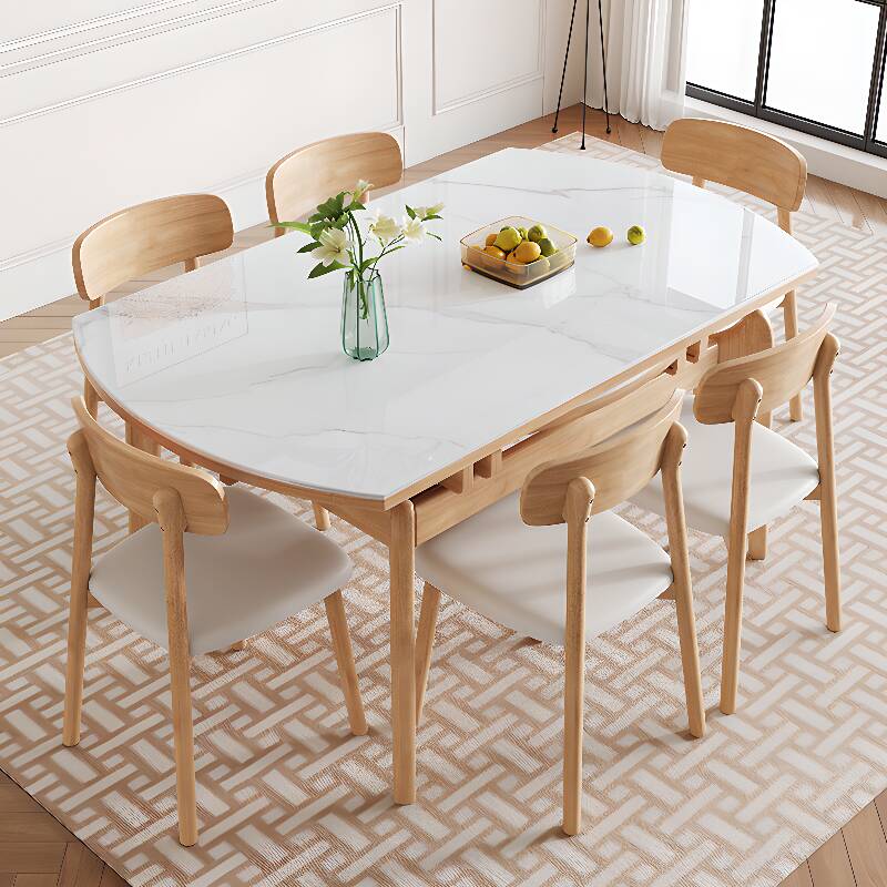 Circular White Slate Dining Table Set for 6 Chairs with Back and Fold-away Leaf