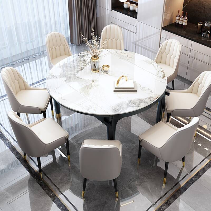 Art Deco Dining Table Set with Manual Extension, Slate Stone Top, Seats 4, Separable Design