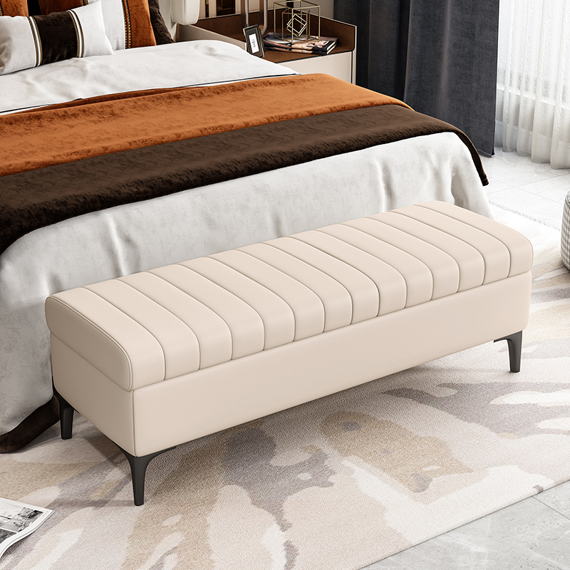 Simplistic Solid Colour Genuine Leather Bedroom Bench in Midnight Black/Grey/Peony with Cushioned Seat and Straight Legs