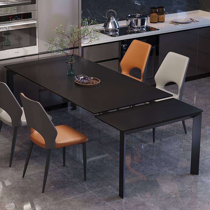 Upholstered Chair Slate Stone Dining Table Set with Midnight Black Tabletop and Full Back, Four Legs Self-Storing Leaf