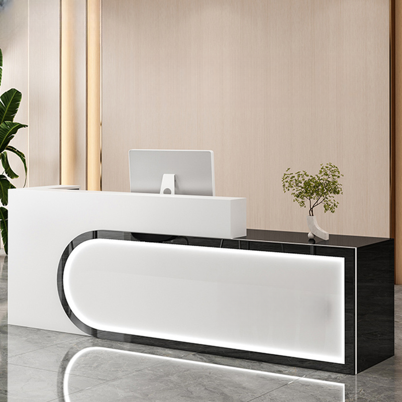 Rectangular Beige/Orange/Pink Manufactured Wood Top Reception Desk with Hutch, Keyboard Tray and Cable Management