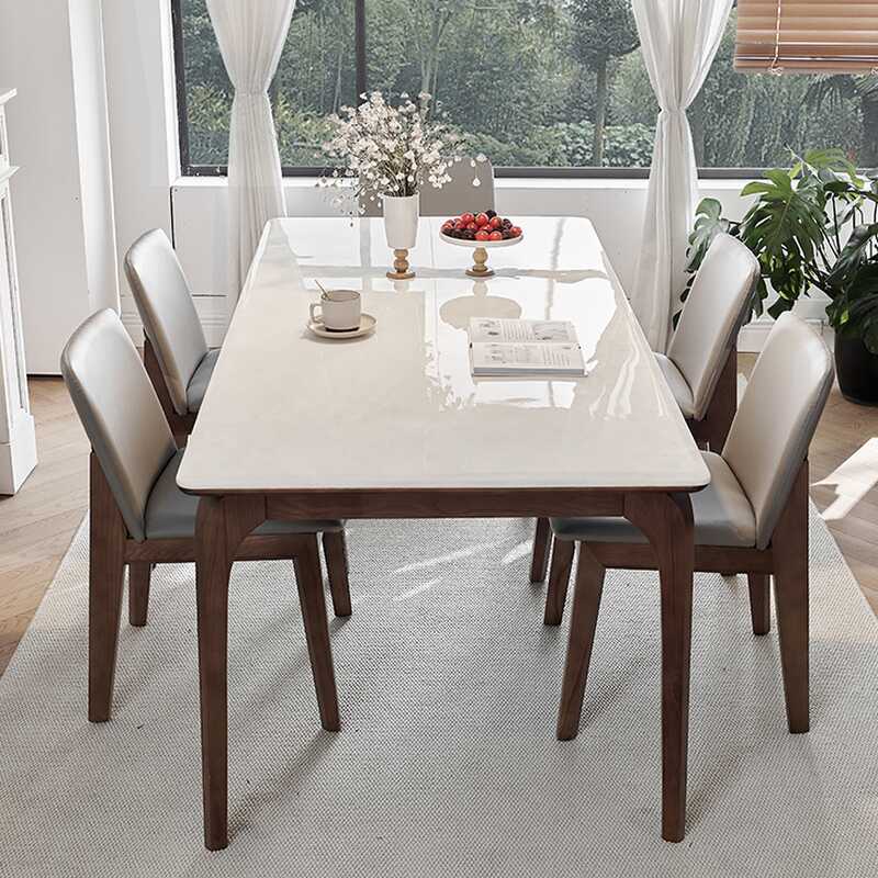 Contemporary Rectangular Dining Table with White Slate Stone Top, Standard Height, Fixed Mechanism, Seats up to 8