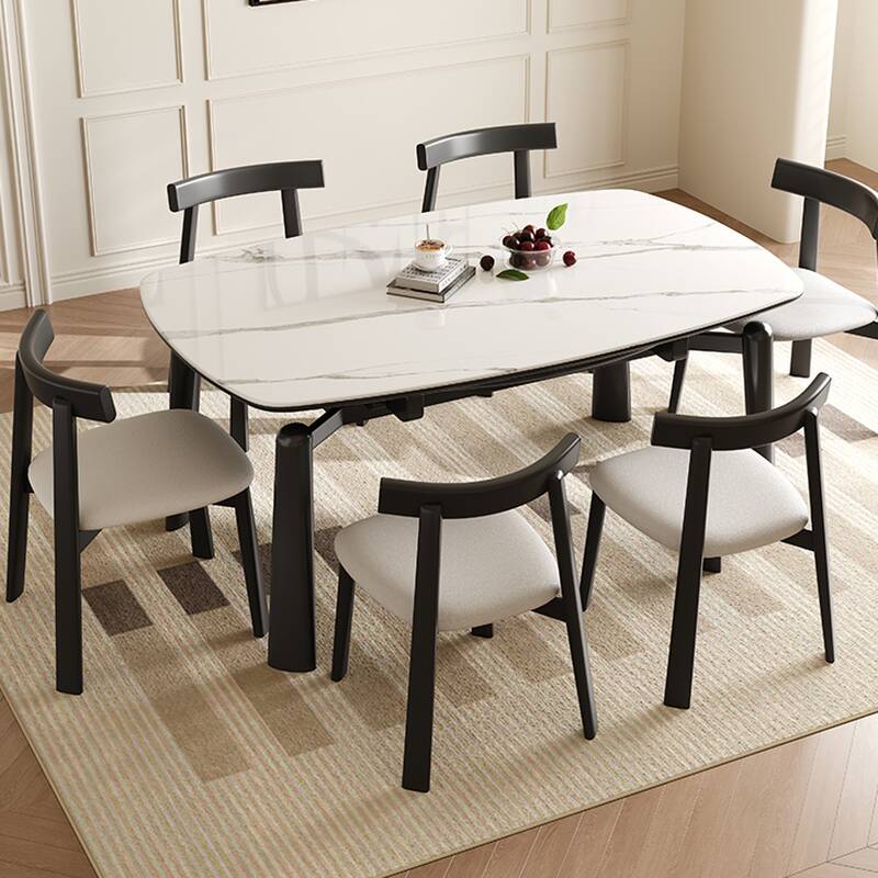 Orbicular Slate Stone Dining Table Set for 6, Chalk Colour with Self-Storing Leaf and Back Chairs