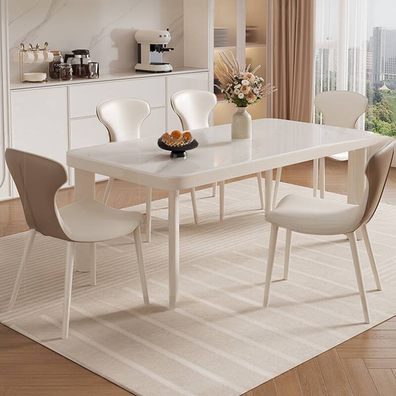 Casual White Sintered Stone Rectangle Dining Table Set with 4 Legs and Fixed Mechanism