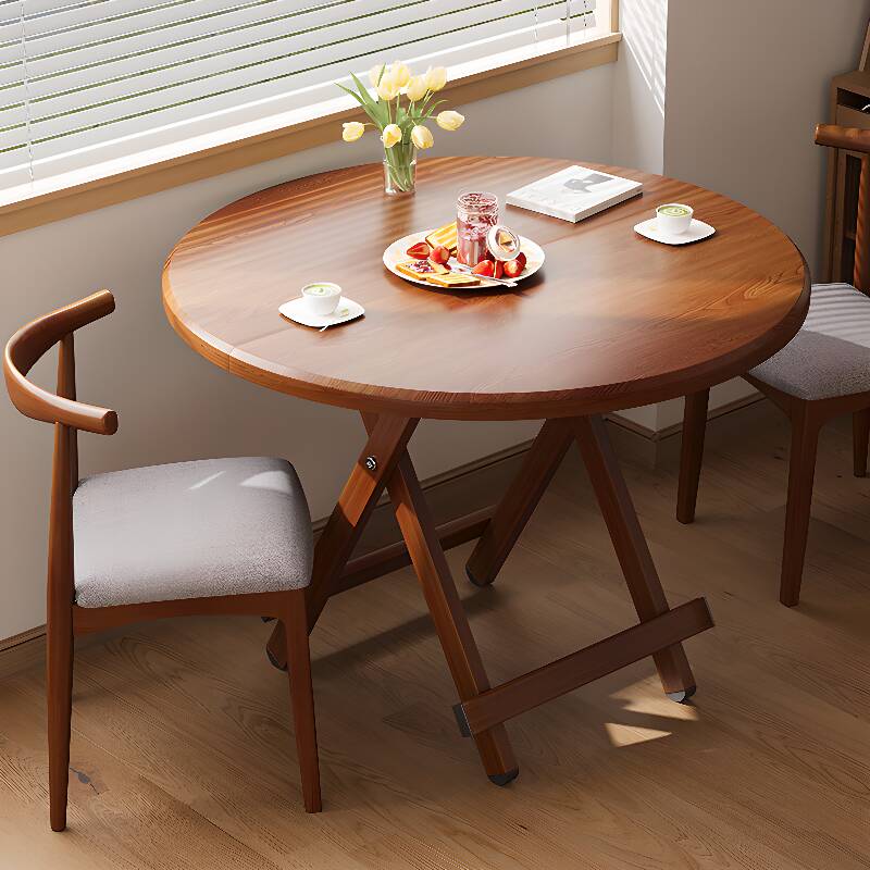 Modern Simple Style Circular Dining Table in Cocoa/Natural Finish with Reclaimed Wood, Pop Up Mechanism, Seats 2, and Collapsible