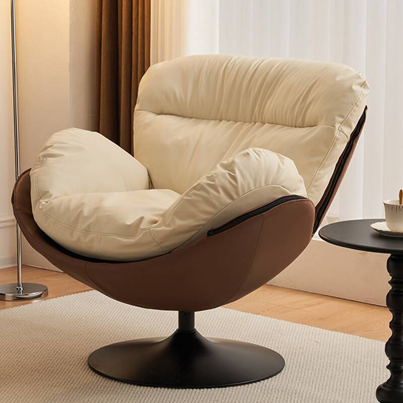 Trendy Solid Colour Arm Chair with Arched Back and Sewn Pillow, White Upholstery, Arms, and Turned Swivel