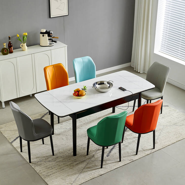 Modern Simple Style Rectangular Dining Table with Slate Stone Top, Retractable Leaf, Seats 4/2, White, Collapsible