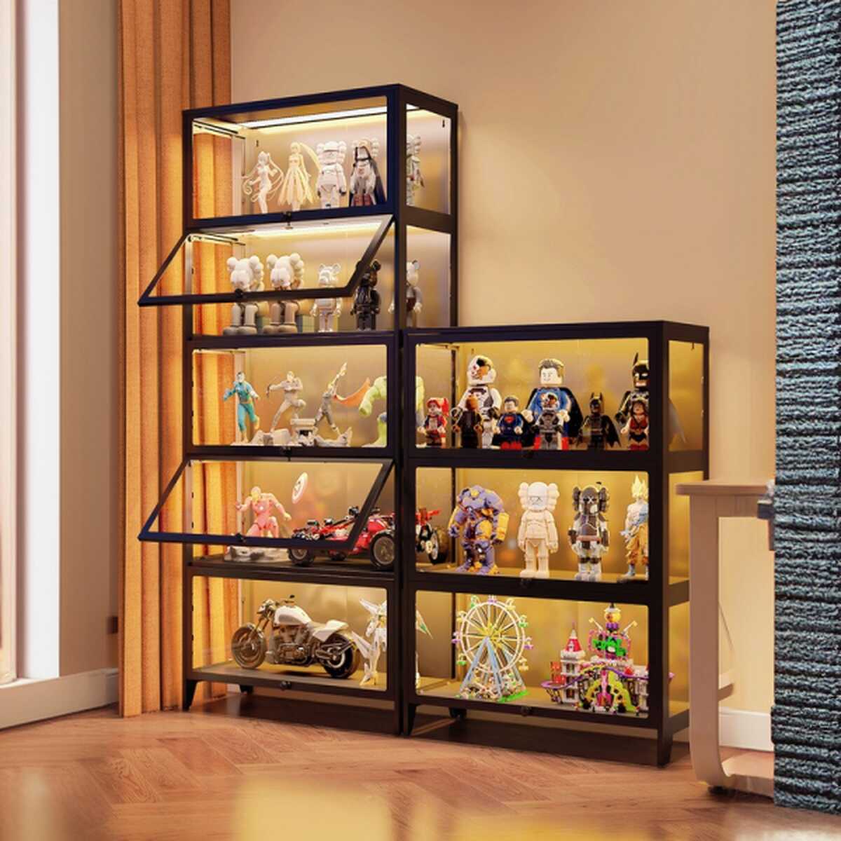 Art Deco Glass Cubitac Curio Cabinet with Adjustable Shelves and Lighting System