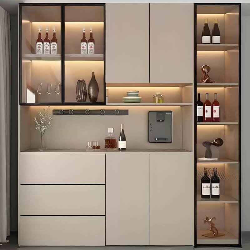 Light Brown Sideboard with 3 Drawers, Closet Cabinet, 1 to 2 Shelves, Lumber Countertop, Glass Doors, and Standard to Narrow Size