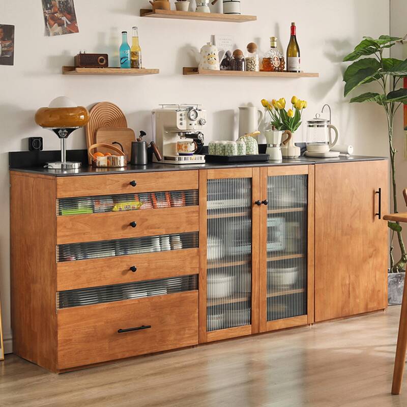Simplistic Narrow Sideboard with Closet, Changeable Shelf, 2 Doors/1 Door, and Lumber Countertop for Kitchen Cupboards