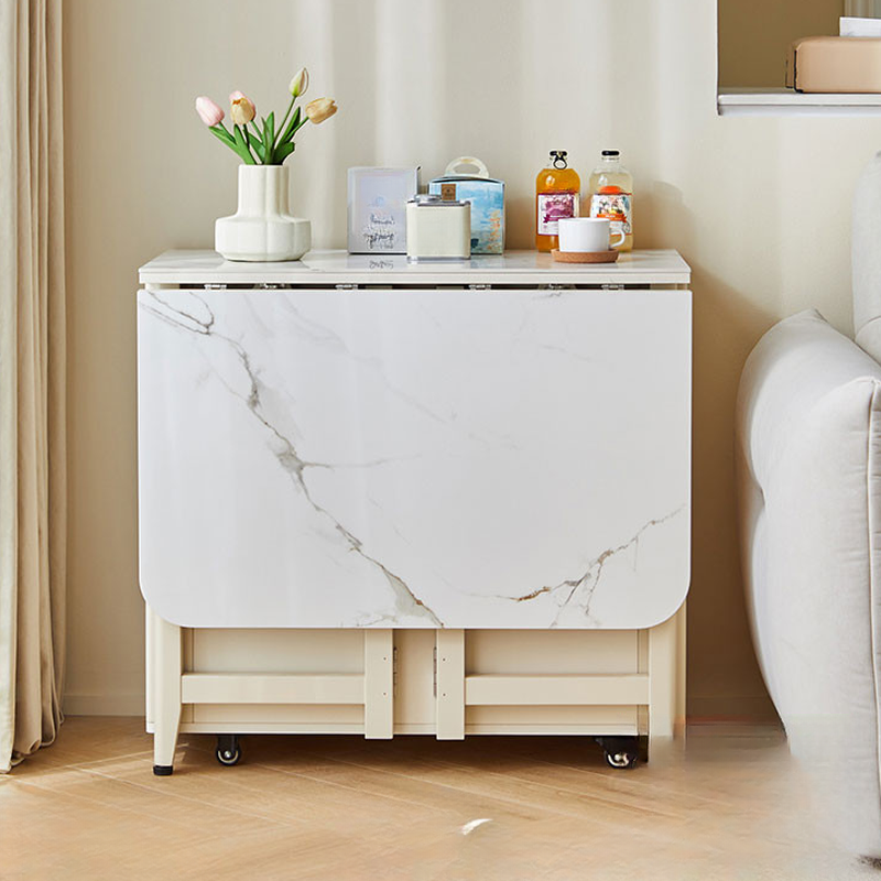 Simple Rectangular Dining Table with Extendable Leaf, White Top, Storage Container Included
