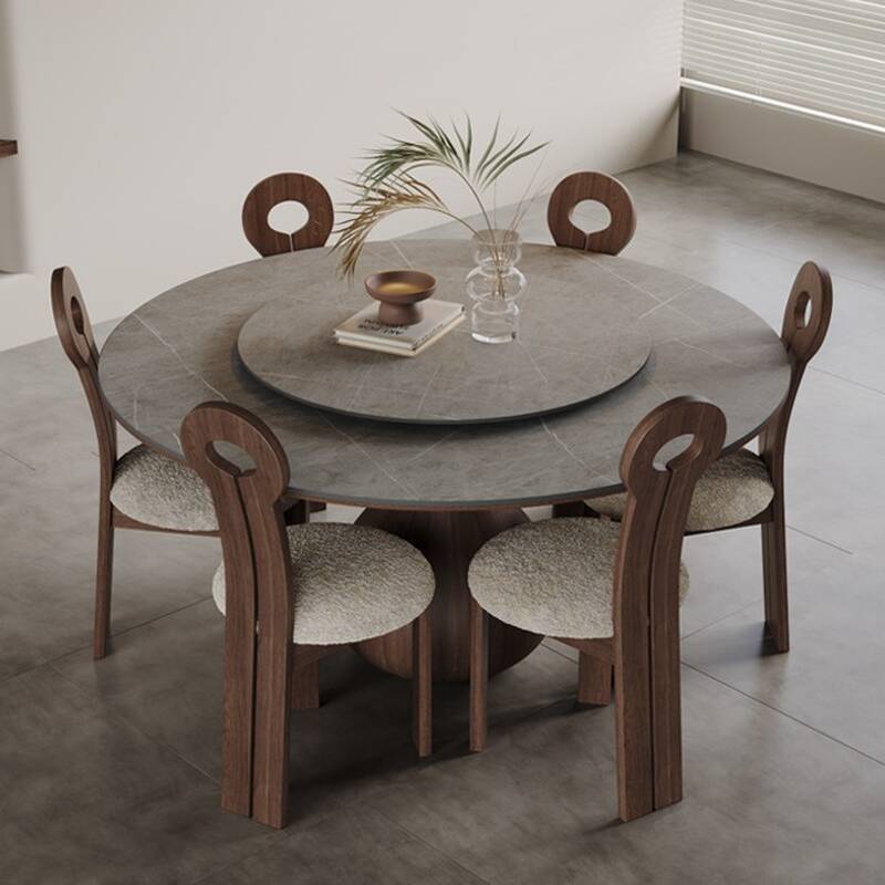 Simple Grey Slate Orbicular Dining Table with Lazy Susan