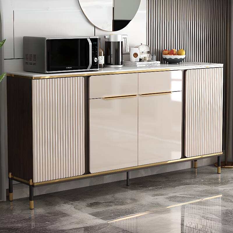 Off-White Stone Sideboard with Drawer, Closet Cabinet, 3 Interior Shelves and 4, 3, or 2 Doors