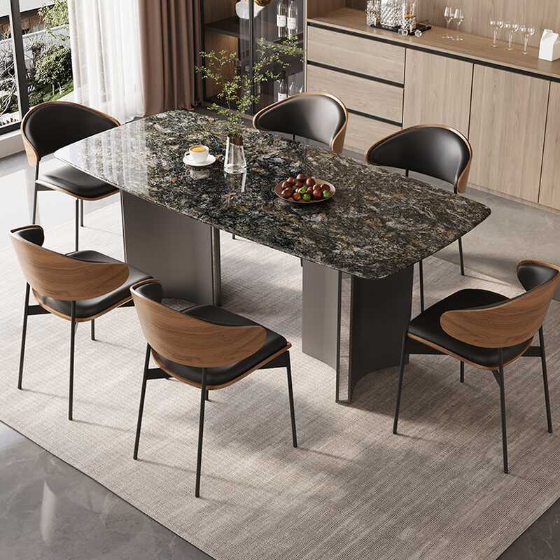 Luxurious Dining Table Set with Sintered Stone, Dual Footing Base, Seats 6/4, Midnight Black with Arms and Back