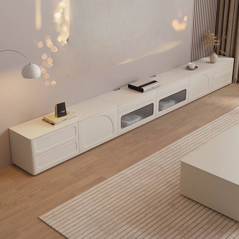 Chalk Simple Natural Wood TV Stand with 4 Drawers, Multiple Cabinets, and Cable Management