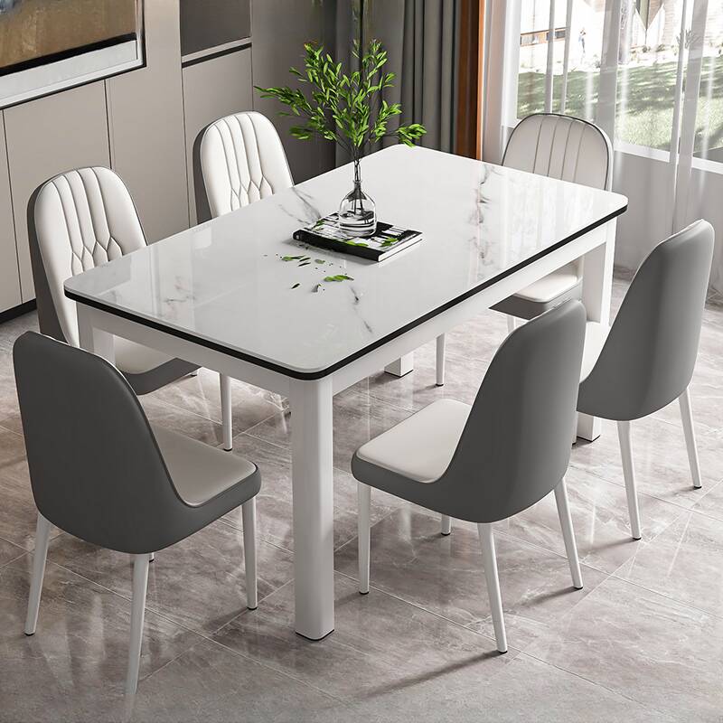 Simple Rectangular Dining Table with Vitreous Top and Fixed Table Mechanism