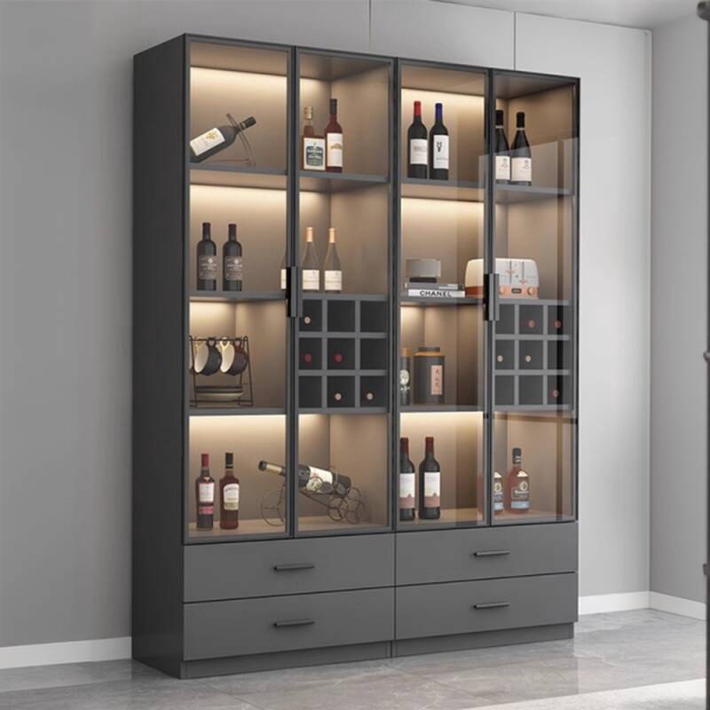 Midnight Black Slab Flooring China Cabinet with 2/4 Drawers, 4 Shelves, Wine Rack, and Lighting System