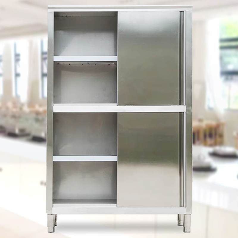 Narrow/Standard Chrome Alloy Buffet Table with Sliding Doors, Three Internal Shelves, Kitchen Cupboards, and Cupboard