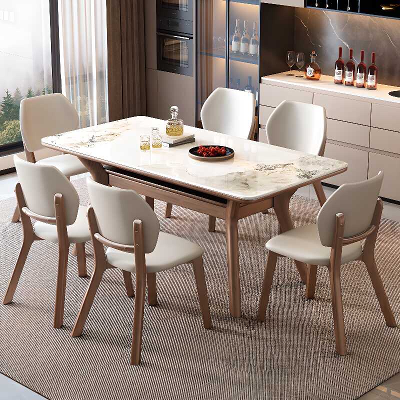 Modern Rectangular Slate Dining Table Set with 4 Legs, Fixed Table, Seats for 6 or 4, in White