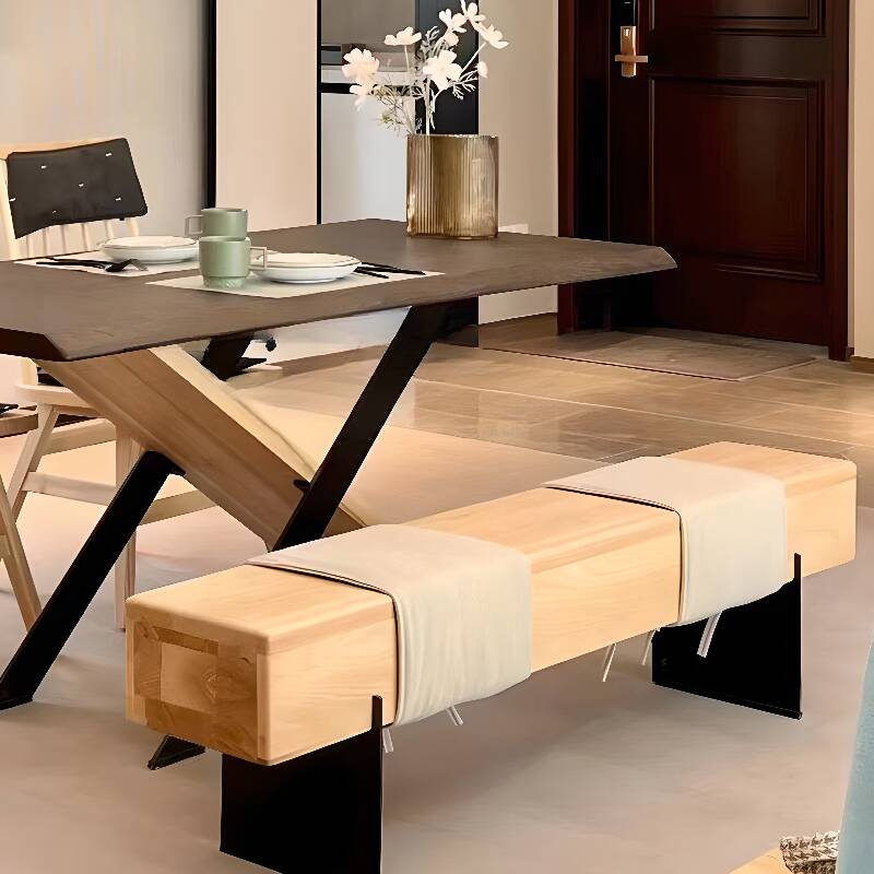 Natural Finish Minimalist Pine Wood Solid Colour Cushioned Bench Furniture for Living Room