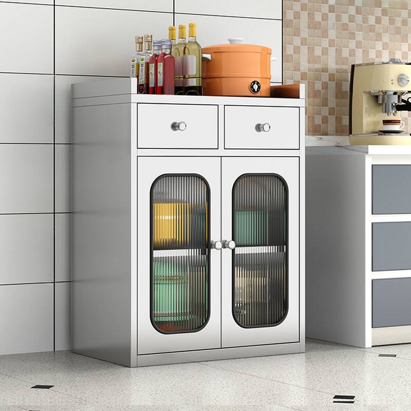 Metallic Trendy Sideboard with Pantry Hutch, Stainless Steel Countertop, Glazed Door, and Adjustable Shelving