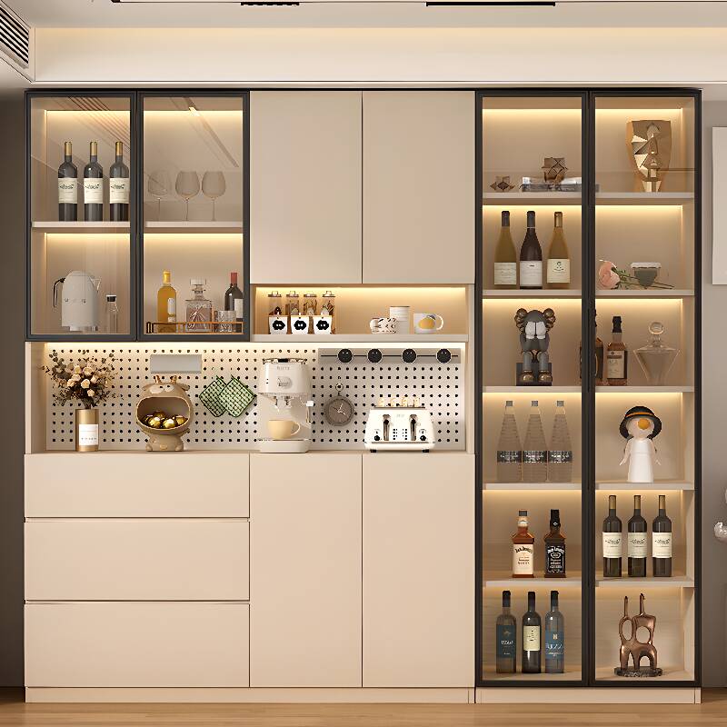 Chalk Trendy Buffet Table with 3 Drawers, Wide/Standard/Narrow Size, 2 Shelves/1 Shelf, and Glazed Door Compartment