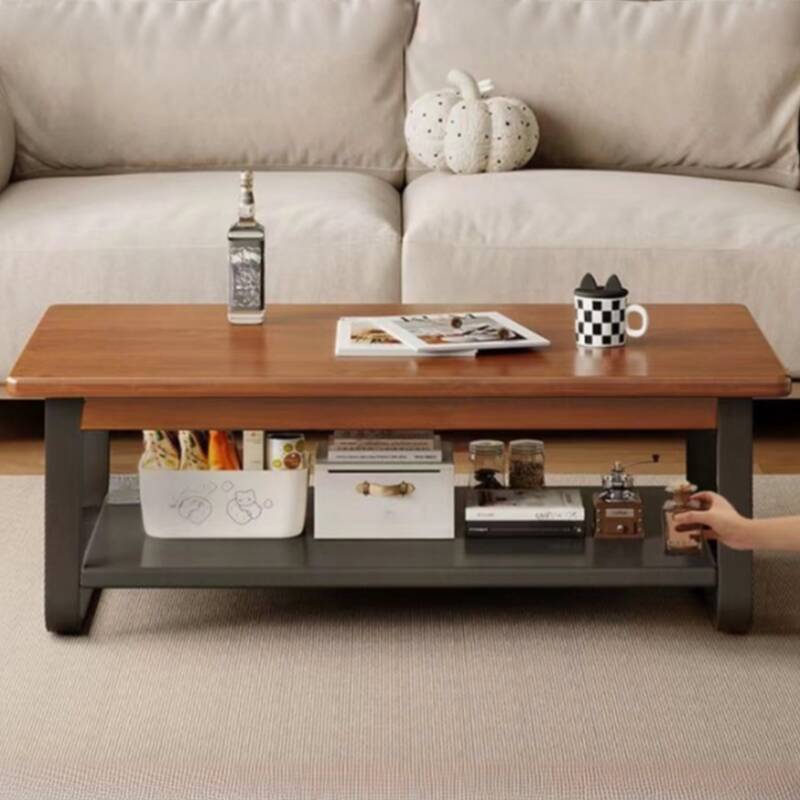 Vintage Raw Wood Rectangle Board Game Coffee Table with Sledging Base and 1 Shelf