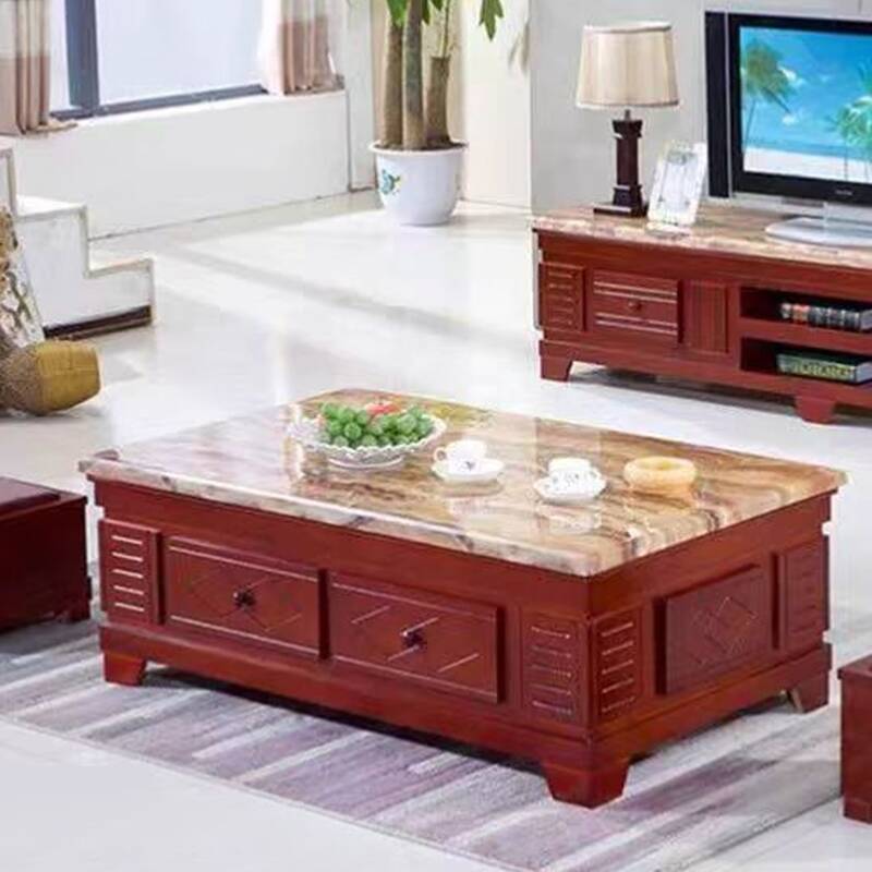 Oatmeal Rectangular Real Marble Board Game Coffee Table with 2 Drawers