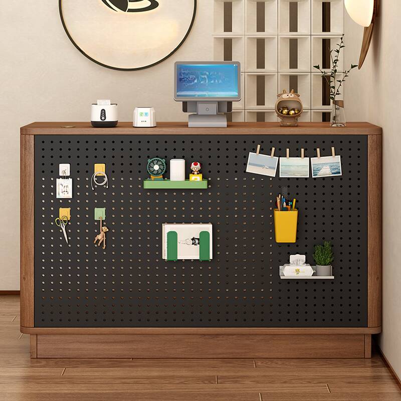 Rectangular Auburn/White Manufactured Wood Top Reception Desk with Filing Cabinet, 2 Drawers, 1 Cabinet and Cable Management, Cupboard & Pegboard Included