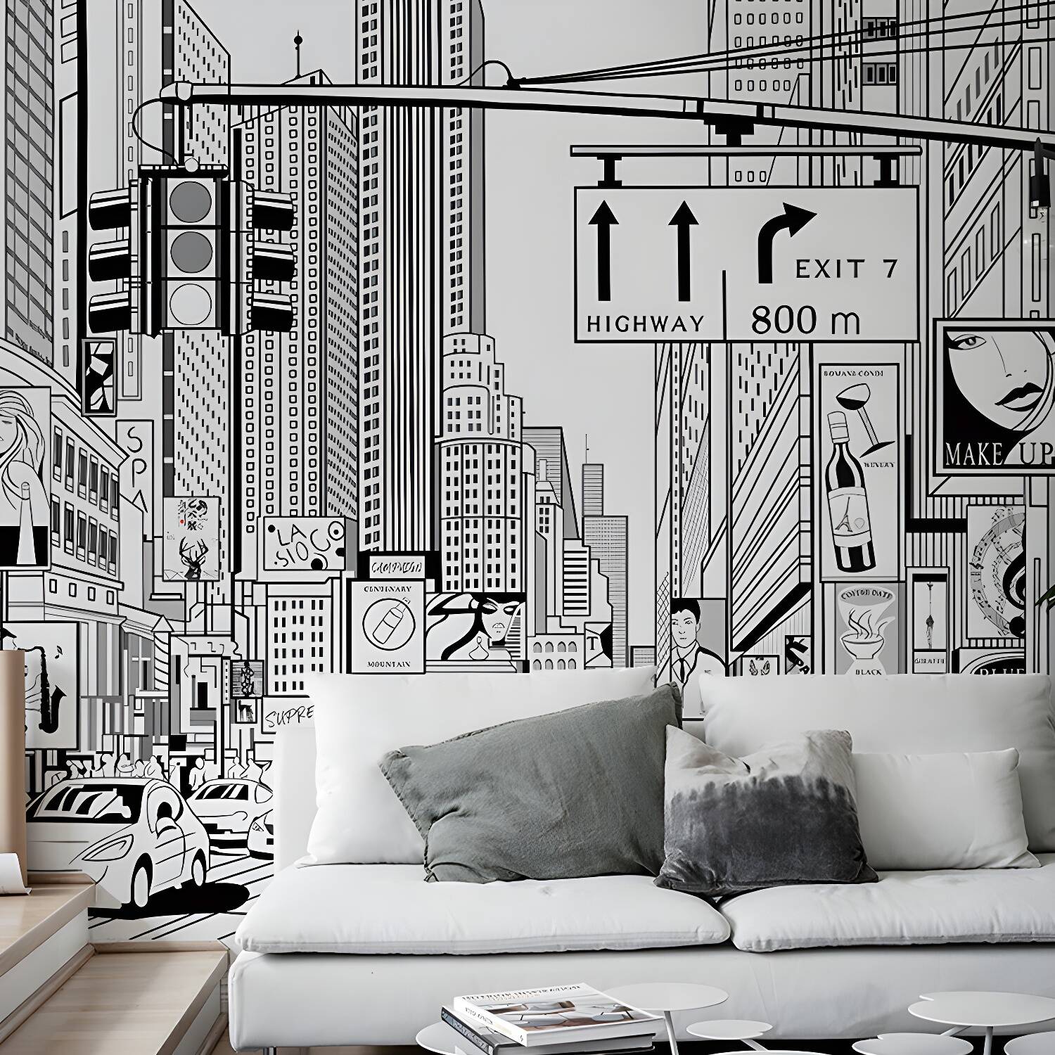 Illustration Style Mural Wallpaper Urban Crossroad and Street Custom Wall Art for Coffee Shop, Made to Measure