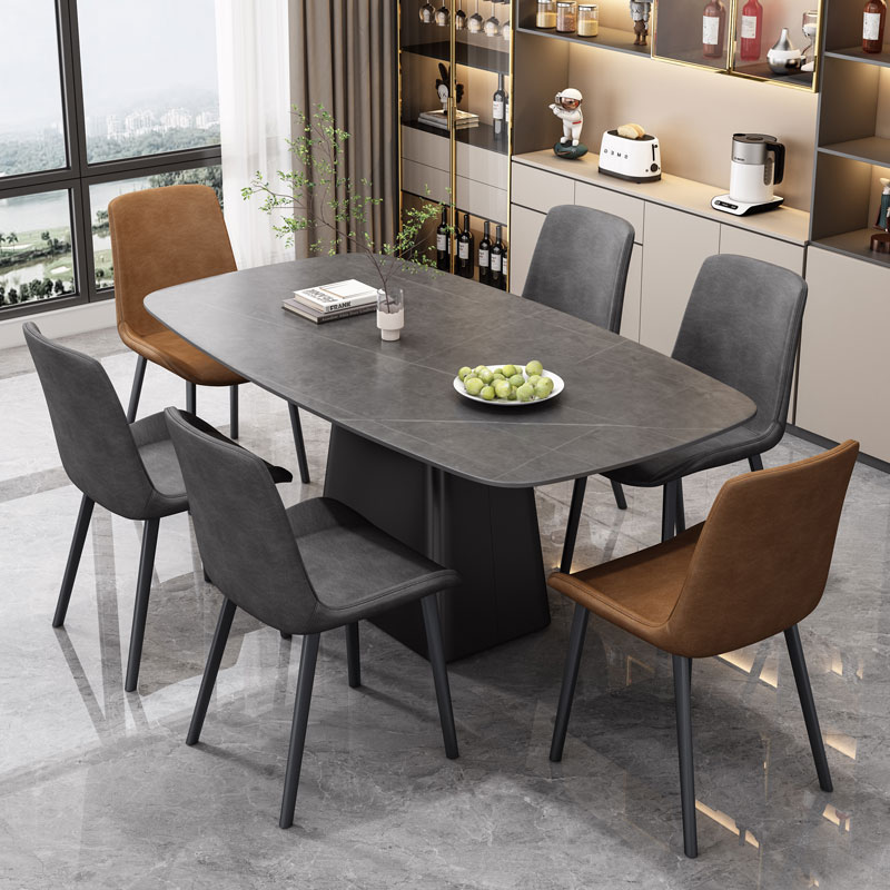 Slate Light Gray Dining Table Set with Stump Base, Enclosed Back, and Padded Chairs for 6 People