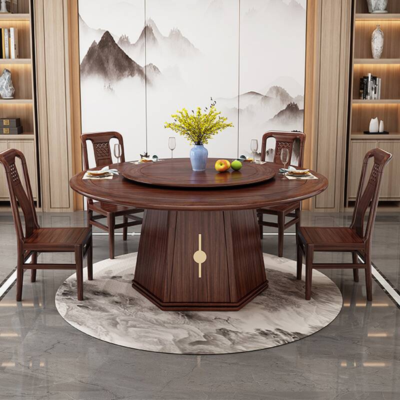 Circular Dining Table Set with Stump Base, Fixed Table Mechanism, Back Seats for 6/8, and Brown Table Top Colour