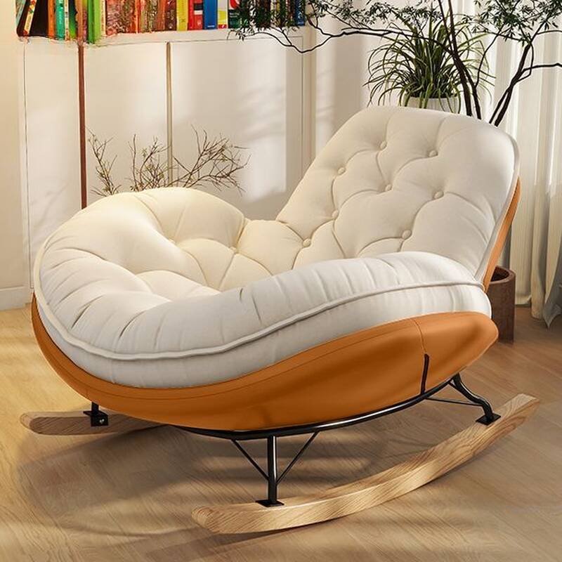 Trendy Upholstered Brown/Grey/Green Rocking Seat with Tufted Cushioned Back and Wood Legs