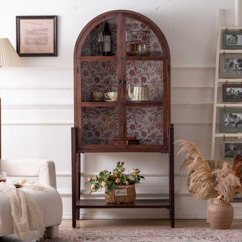 Steampunk Narrow Microwave Shelf Cabinet with Three Internal Shelves, Larder Storage, Natural Wood Countertop, and Glass Doors