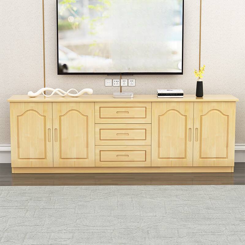 Deco Natural Wood TV Stand with Shelf, 3 Drawers, 2 Cabinets, and Cable Management