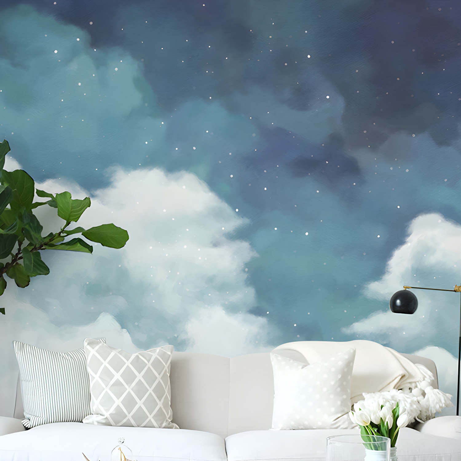 Fresh Mural Wallpaper for Living Room, Pastel Blue and White Cloudy Sky and Star, Made to Measure