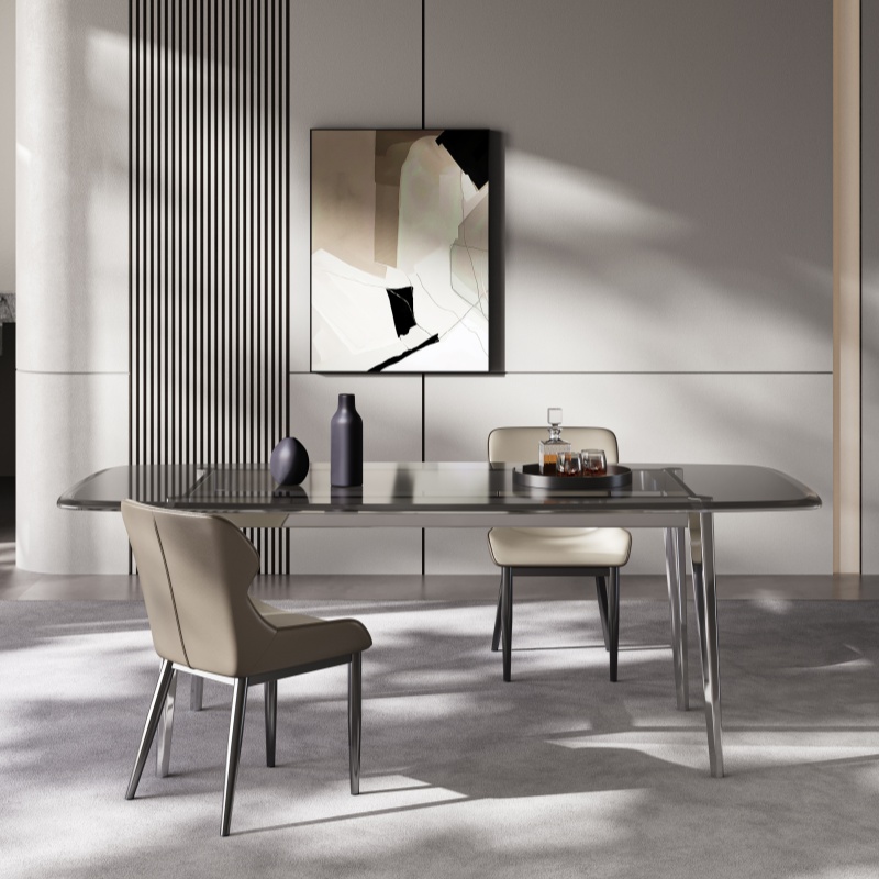 Elegant Rectangular Glass Dining Table Set with 4 Legs, Imperforate Back, and Upholstered Chairs in Midnight Black