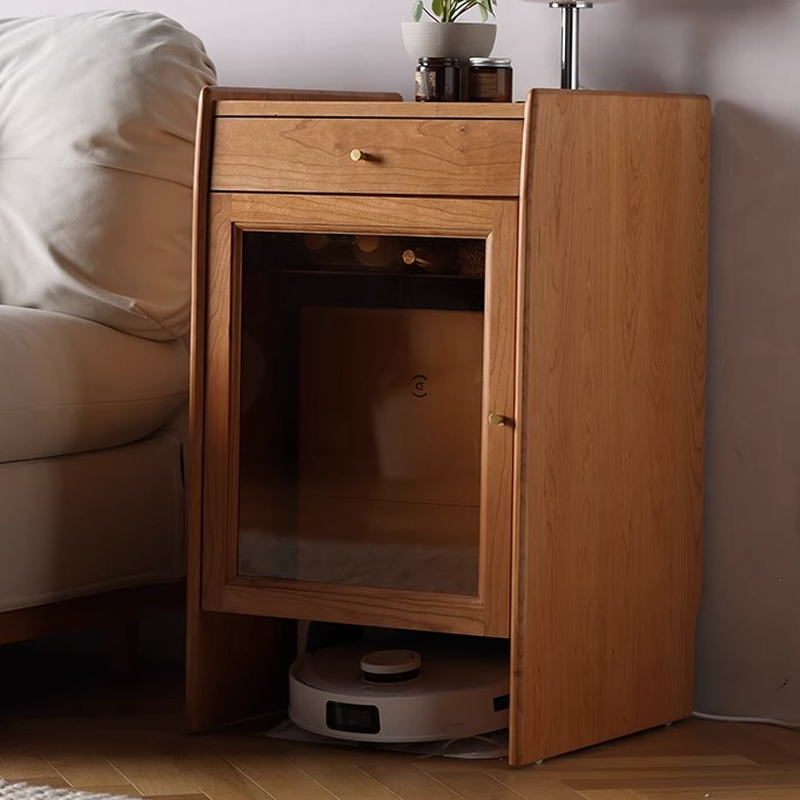 Scandinavian Natural Wood Countertop Pantry Hutch Sideboard with Single Drawer, Glass-panel Door, and Adjustable Shelving in Narrow Size