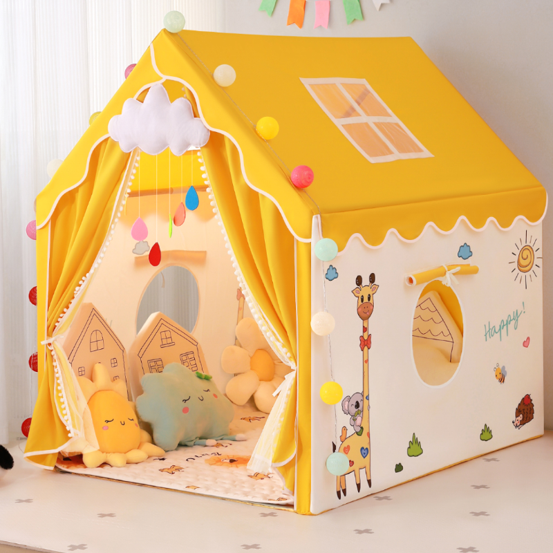 Fabric Yellow Triangular Indoor Wildlife Triangular Play Tent with Windows and Floor
