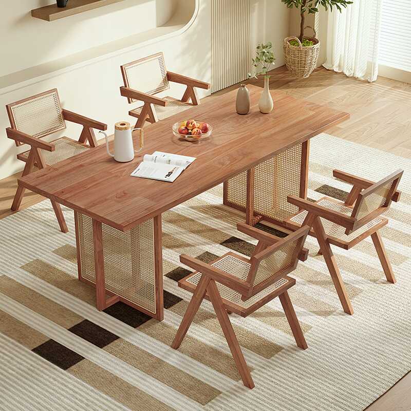 Rubberwood Brown Dining Table Set with Twin Support Base, Back Seats, and Arms for 6 or 4 People