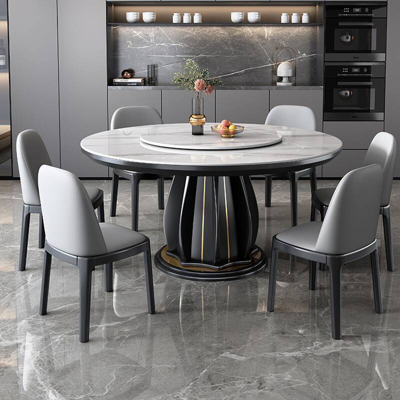 Rotatable Rounded Slate Tabletop Dining Table Set with Stump Base and Full Back Cushion Chair for 6 People/Seats 10