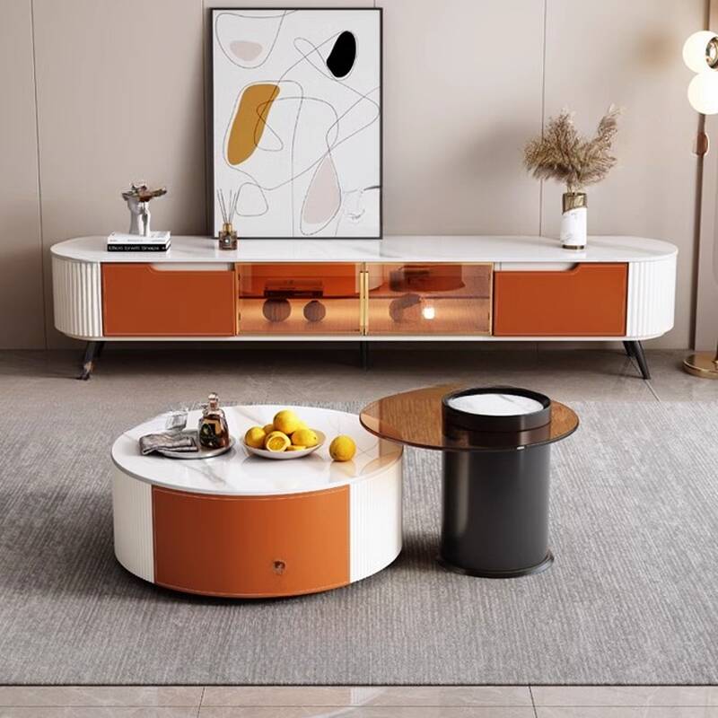 White Sintered Stone TV Stand with Shelf, 2 Drawers, Cabinet, Cable Management, and Light