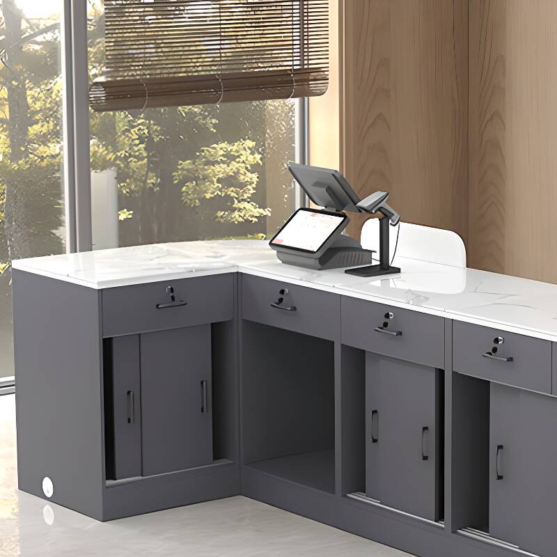 Reception Desk with Nook Shape, Sintered Stone Top, Locker Cabinet, and Desk Return